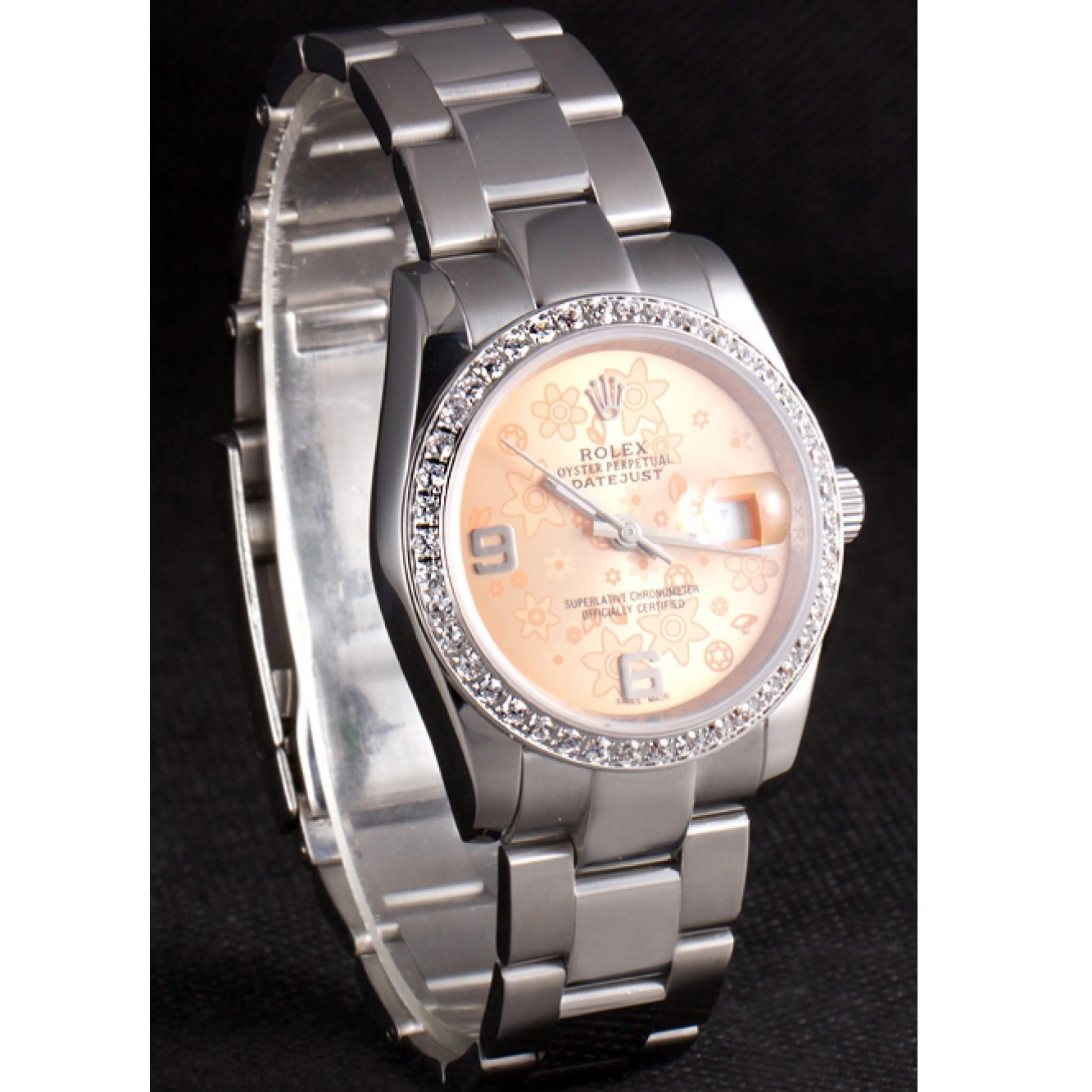 Aaa replica watch Diamond Stainless Rolex Dial Plated Orange Datejust Steel Flowers Polished 0818